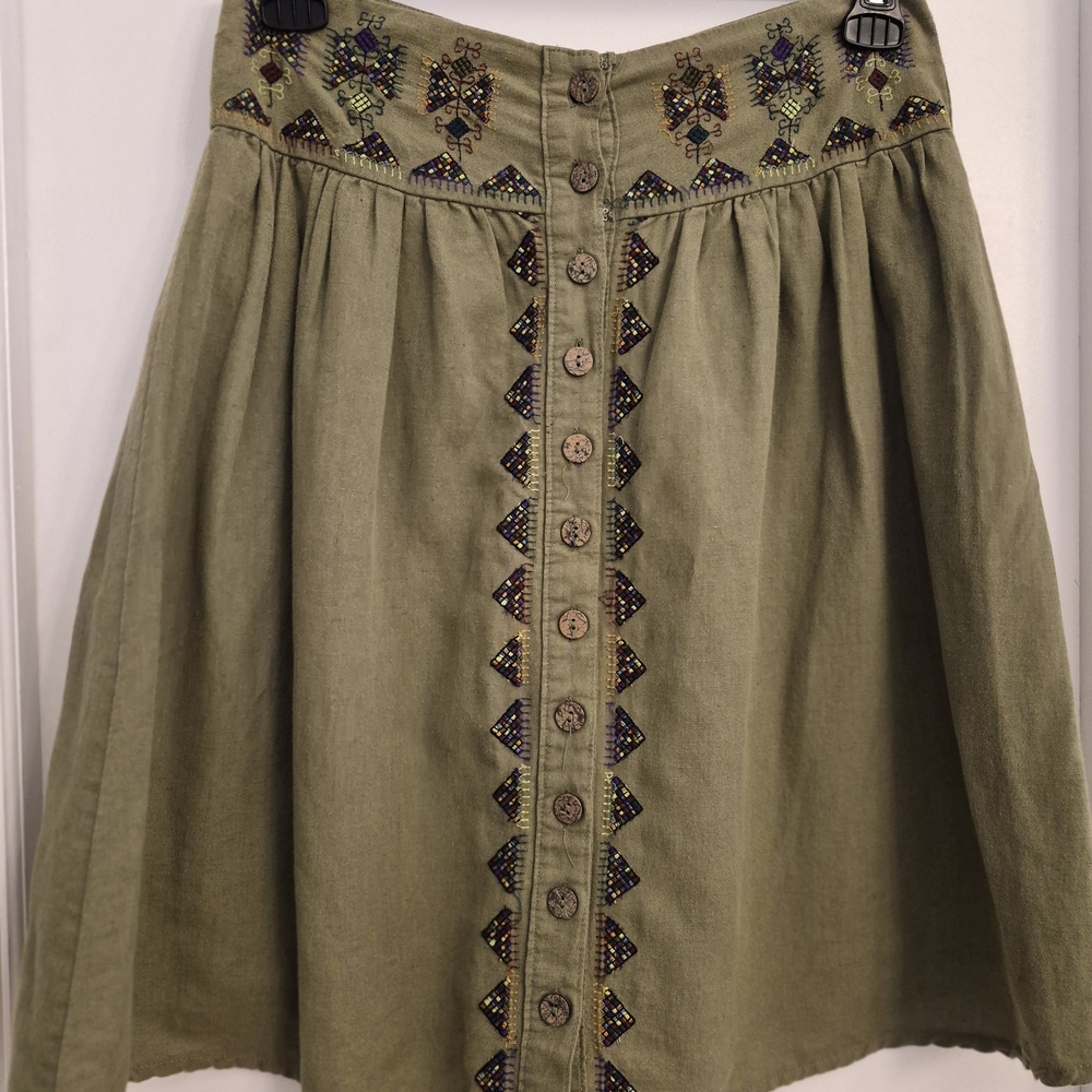 Anthropologie Olive A-Line Skirt with Embroidery